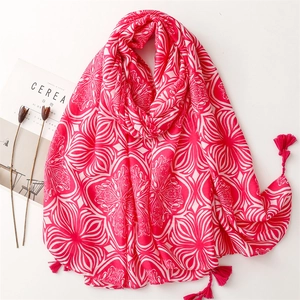 Women Bohemian Geometric Flower Print Scarf Shawl Polyester Cotton Linen Feel With Tassels Ethnic Style Large Wrap