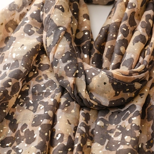 Detail of leopard print scarf with gold foil dots on lightweight breathable fabric