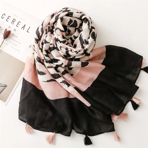 Leopard print cotton linen scarf with tassels in pink and black color blocking