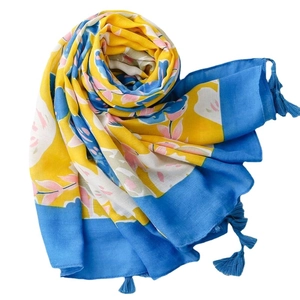 Floral print cotton scarf in yellow and blue contrast with handmade tassels for women