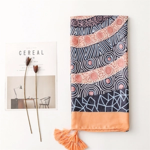 Ethnic bohemian cotton linen scarf with geometric patterns and orange tassels