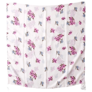 Elegant floral print cotton linen scarf with pink blossoms and tassels on white background