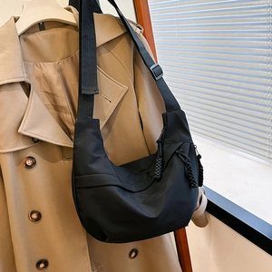 Women Nylon Crescent Hobo Bag Solid Color Large Capacity Crossbody Shoulder Bag With Adjustable Strap Braided Zipper Puller