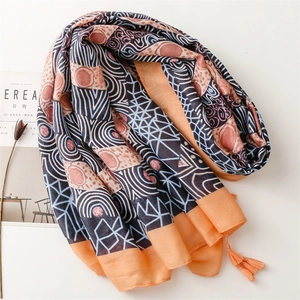 Ethnic cotton linen scarf with geometric pop prints and orange tassels for beach travel
