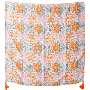 Bohemian geometric floral cotton linen scarf with bright orange corner tassels
