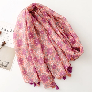 Pink floral cotton-linen feel beach shawl with purple flower prints and tassel fringe