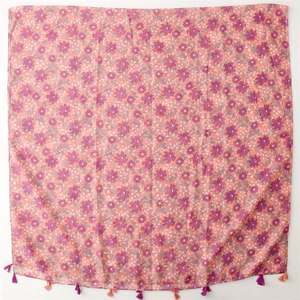 Pink floral cotton-feel beach scarf with bohemian fringe and purple flower patterns