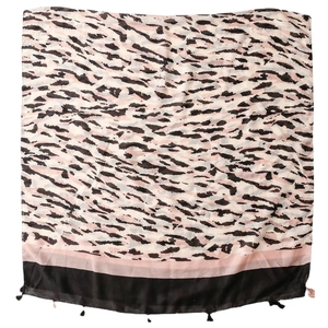 Pink and black zebra print cotton linen scarf for women with elegant tassel edges