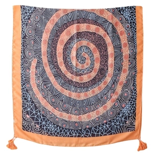 Ethnic style cotton linen scarf with navy and orange geometric patterns and tassels