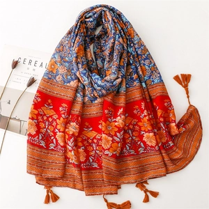 Bohemian Ethnic Print Shawl Large Cotton Linen Feel Wrap Sun Protection Scarf For Travel Vacation Women Decorative Tassel Pashmina