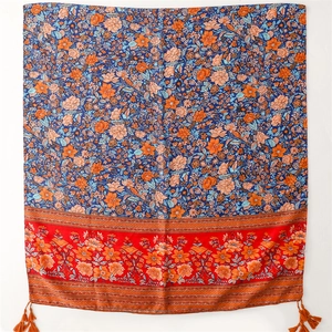 Ethnic style floral cotton linen shawl with blue-red color contrast and tassel fringe