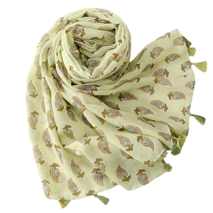 Lightweight melon green beach scarf with bohemian leaf print and delicate tassels