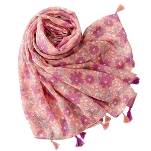 Pink and purple floral scarf with fringe tassels for sun protection and beach travel
