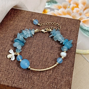 Bracelet Perles En Pierre Naturelle Bleue Avec Perle D'eau Douce Et Pendentif Abeille En Zircon Bijoux Pour Femmes