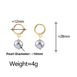 Detail showing 28mm drop earrings with 10mm grey pearls and 12mm golden rings