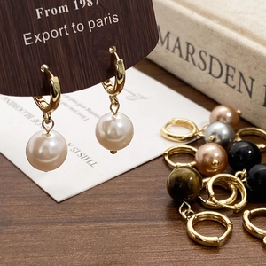 Retro French Hoop Earrings Artificial Pearl Pendant Tiger Eye Stone Alloy 14k Gold Plated With 925 Sterling Silver Earring Post