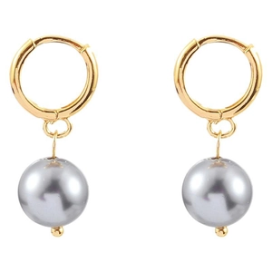 French vintage gold hoop earrings with silver-grey pearl pendants on a white background