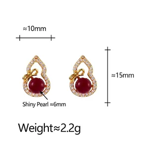 Gourd-shaped gold stud earrings with red pearls and crystals, 10mm x 15mm dimensions