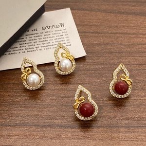 Gourd Stud Earrings Copper 18K Gold Plated Artificial Pearl Rhinestone Bowknot Chic Chinese Style Vintage Jewelry For Women