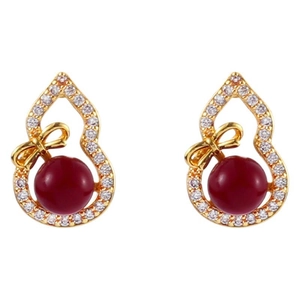Elegant gold gourd earrings with micro-inlaid diamonds and round red agate beads
