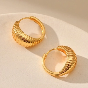 French Retro Croissant Hoop Earrings Ribbed Textured Copper Gold Plated Minimalist Exquisite Jewelry For Women