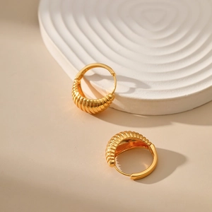 Vintage gold ribbed croissant hoop earrings for women in a luxury aesthetic set