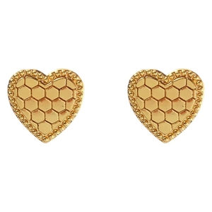 Elegant gold-plated heart stud earrings with geometric honeycomb pattern and beaded edges
