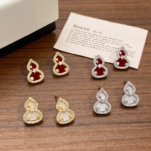 Gourd Stud Earrings Copper With Zircon And Shell Inlay Chinese Style Elegant Vintage Jewelry For Women