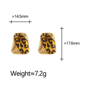Detailed size view of geometric leopard print earrings with gold plating and dimensions