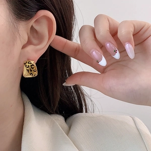 Geometric trapezoid leopard print earrings with gold plating in a vintage French style