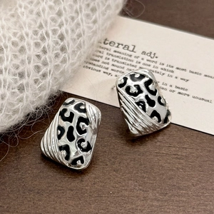 Retro rectangular silver earrings with black leopard print enamel inlay for women