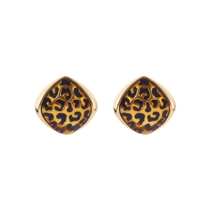 Macro shot of geometric rhombus earrings with gold plating and leopard print patterns