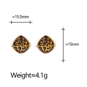 Detailed view of leopard print square earrings with gold plating and size measurements