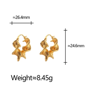 Detail view of gold-plated geometric spiral twist hoop earrings with size and weight info