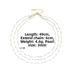 Detailed view of triple-layer pearl necklace showing 6cm extension chain and lobster clasp