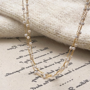 Multi Layer Necklace With Copper Gold Plated Chain And White Imitation Artificial Pearls Elegant French Vintage Jewelry For Women