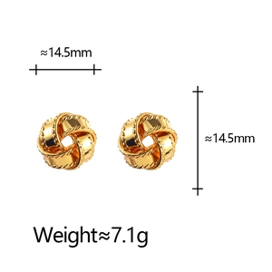 Detail view of gold sphere knot stud earrings showing 14.5mm size and 7.1g weight