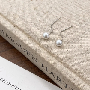 Detailed view of S925 silver pearl tassel earrings on a vintage aesthetic background
