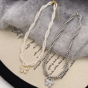 Butterfly Pendant Necklace Double Layer Faux Artificial Pearl Gold Plated Copper Elegant Zircon Jewelry For Women