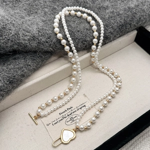 Double Layer Artificial Pearl Necklace Copper Gold Plated Shell Heart Pendant Toggle Clasp French Vintage Elegant Jewelry Women