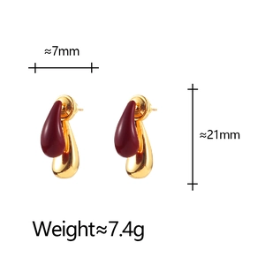 Detailed view of bicolor teardrop earrings showing 21mm length and enamel texture