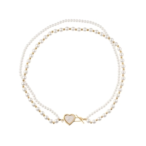Double-layer pearl necklace with golden heart toggle clasp and mother-of-pearl inlay