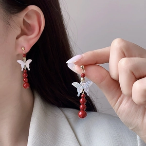 Copper Butterfly Drop Earrings With Red Synthetic Artificial Pearl And Mother Of Artificial Pearl Iridescent Vintage Style For Women