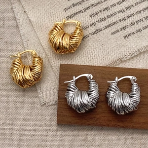 Braided Texture Hoop Earrings Copper 18K Gold Or Palladium Plated Twisted Geometric Retro French Style Jewelry For Women