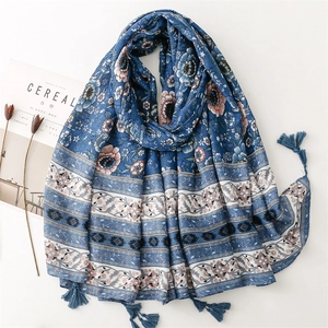 Bohemian Ethnic Floral Print Scarf Blue Retro Porcelain Pattern With Tassels Lightweight Cotton Linen Feel Shawl Wrap Women
