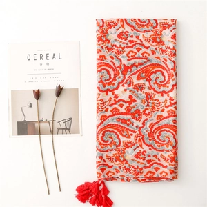 Scialle etnico con motivo paisley arancione e grigio con nappe e tocco in cotone-lino
