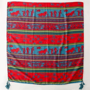 Ethnic style silk shawl featuring horse prints, colorful stripes, and tassels for women