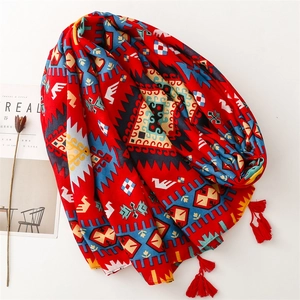 Écharpe bohème rouge à motif géométrique, châle ethnique avec pompons pour femme