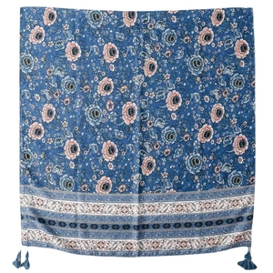 Retro blue floral cotton linen shawl with pink flower prints and tassel trim