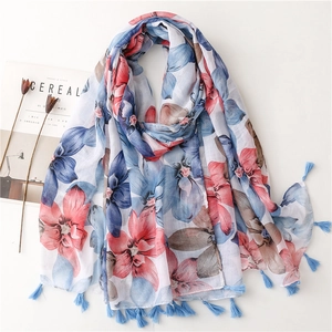 Grand Foulard Imprimé Floral Châle Polyester Toucher Coton Lin Solaire Léger Élégant Franges Glands Femmes Plage